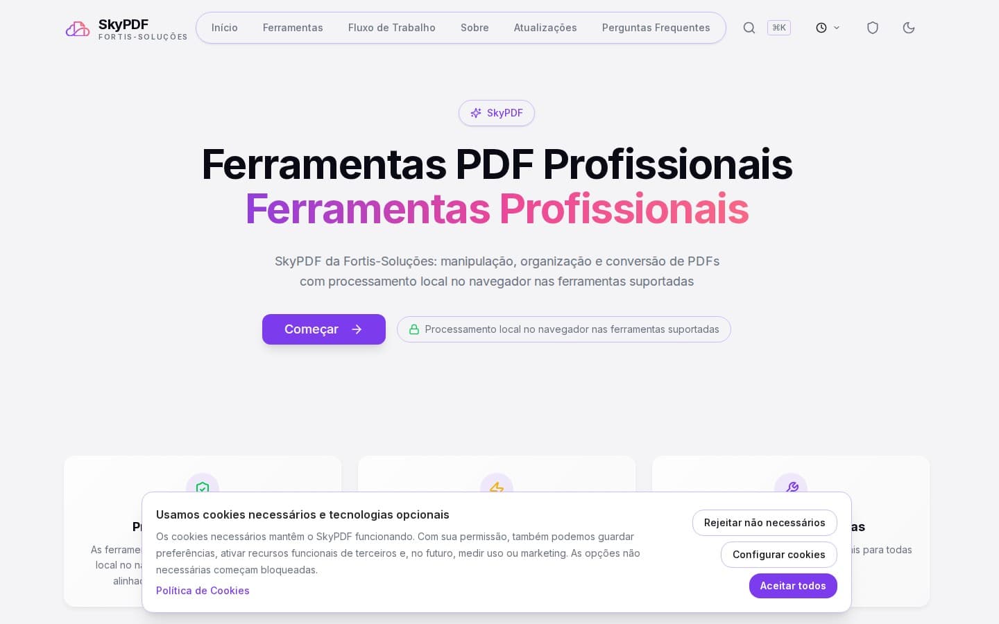 Landing page do SkyPDF exibindo a proposta de valor e ferramentas disponíveis para processamento de documentos PDF