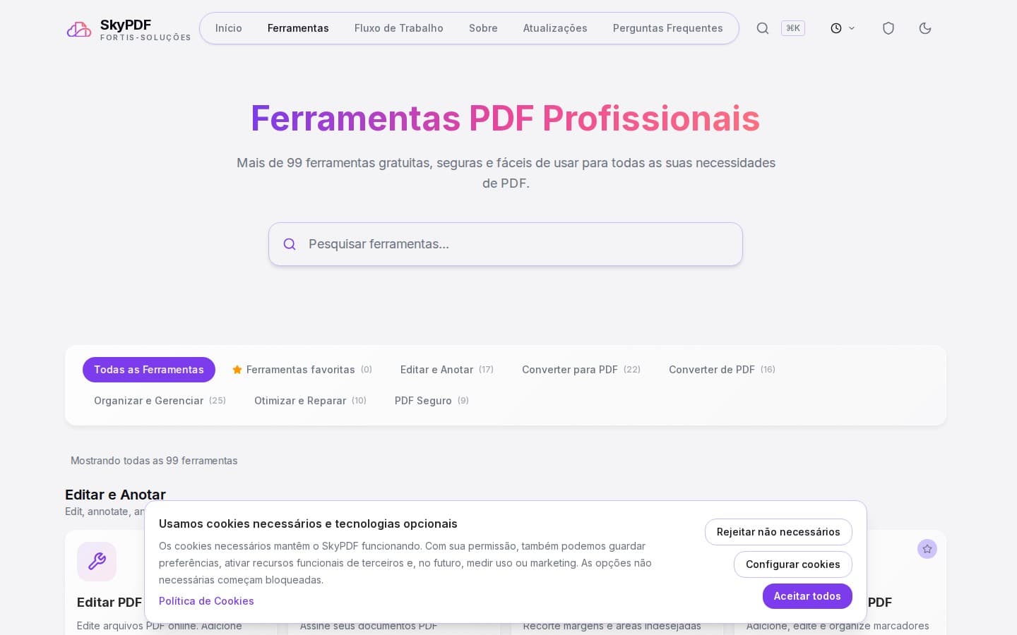 Catálogo de ferramentas do SkyPDF incluindo organização de páginas, conversão e compressão de PDF